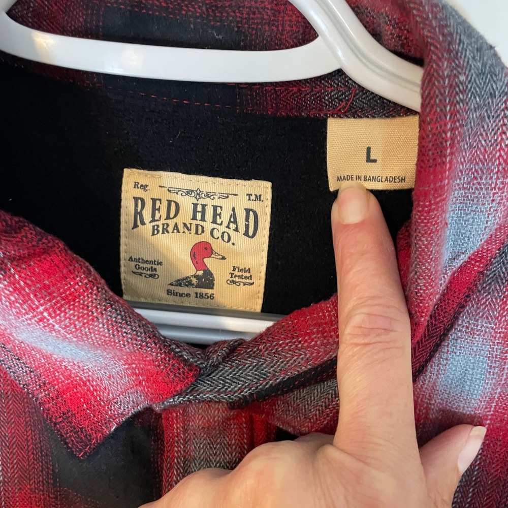 Red Head Mens L Fleece Lined Flannel Shirt Red Black Plaid Heavy Shacket Warm - Picture 2 of 7